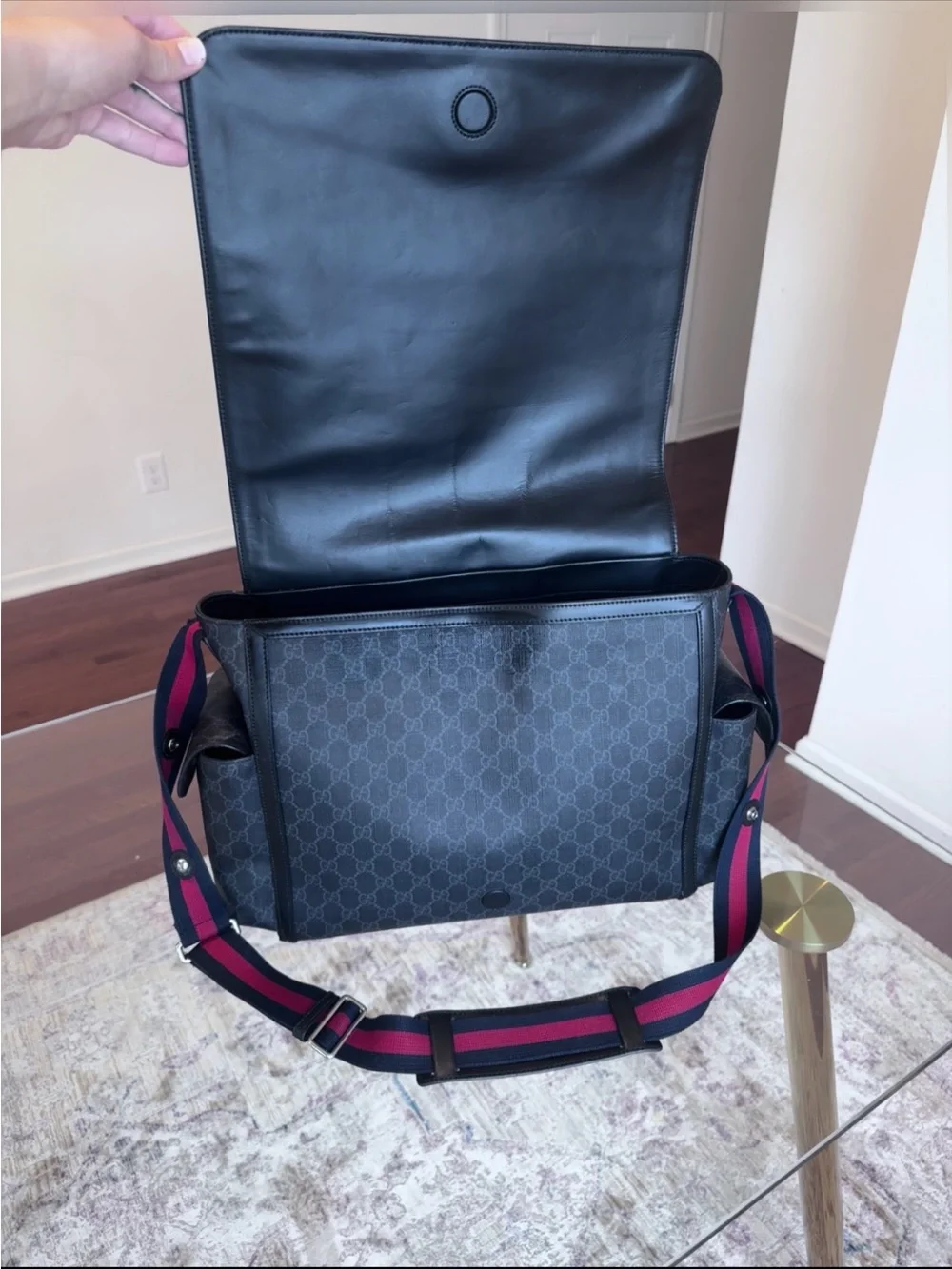 Gucci Black GG Supreme Diaper Bag with Red and Blue Web Strap